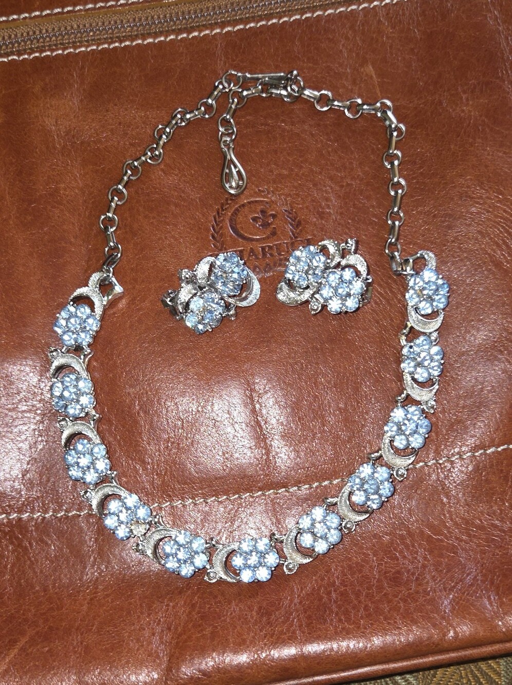 Vintage Lisner Blue Aurora Borealis Rhinestone Floral Necklace Earring Set